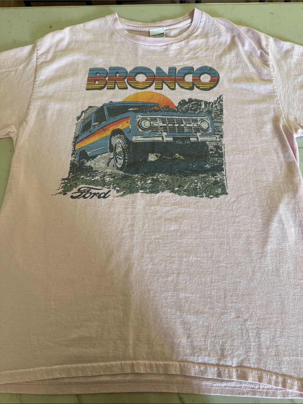 Altar'd State Light Pink Bronco Graphic Tee with Rainbow Stripe Art